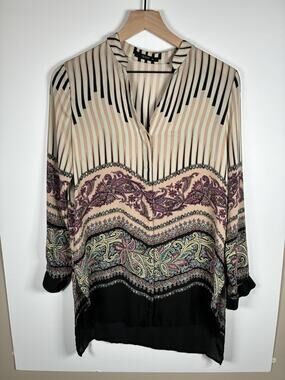Etro Sz 40 US 4 100% Silk Blouse Paisley Stripe Italy V-Neck Hi-Low FLAW Silk